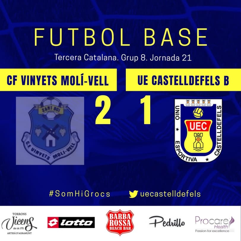 Tercera Catalana 18-19 (Grup 8). Jornada 21. CF VINYETS MOLÍ-VELL - UE CASTELLDEFELS B: 2-1. Ajustada derrota a Sant Boi